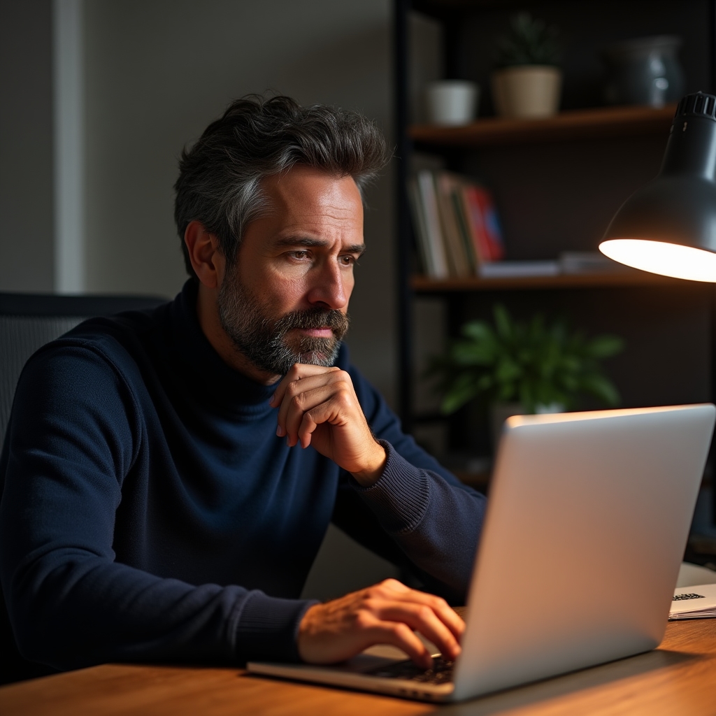 Person betrachtet nachdenklich einen Laptop-Bildschirm mit Online-Shop, Hand am Kinn