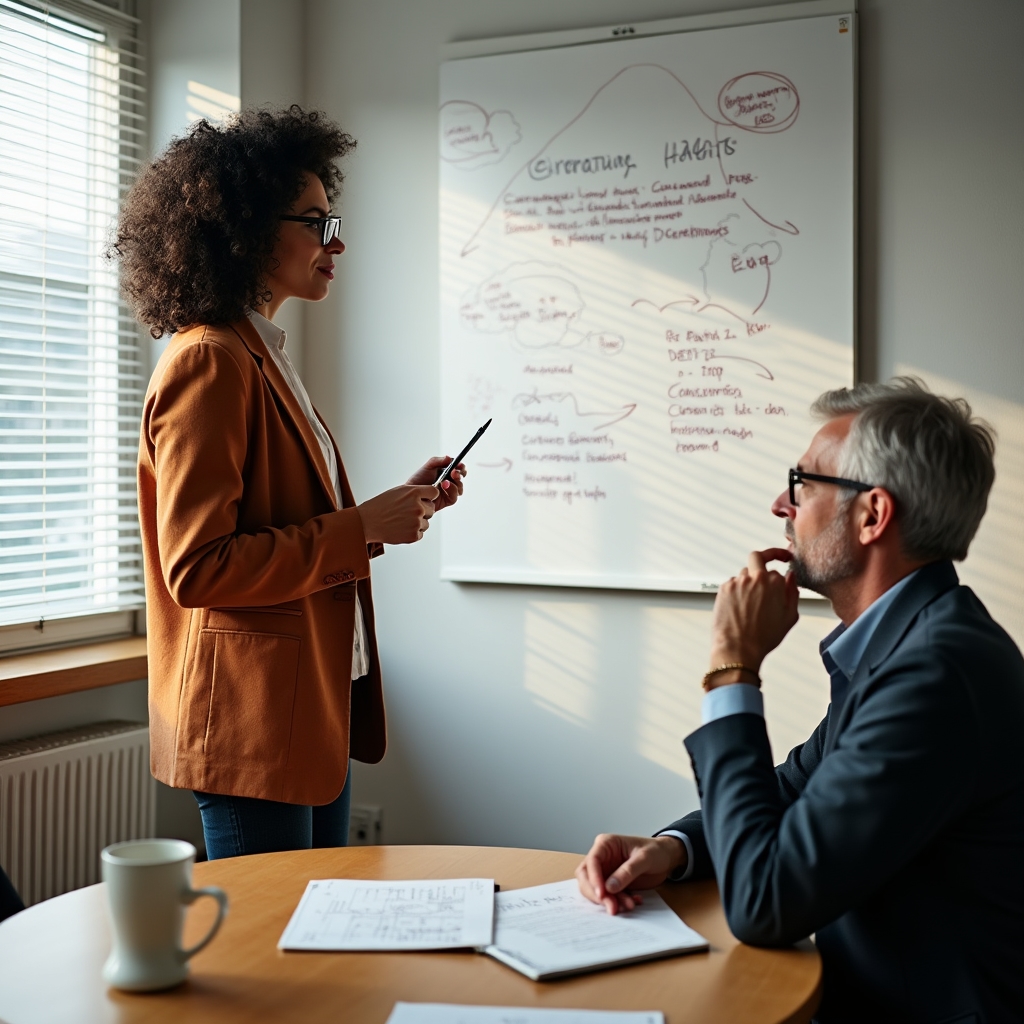 Team-Workshop in Hamburg: Zwei Personen diskutieren Lernkonzepte an einem Whiteboard